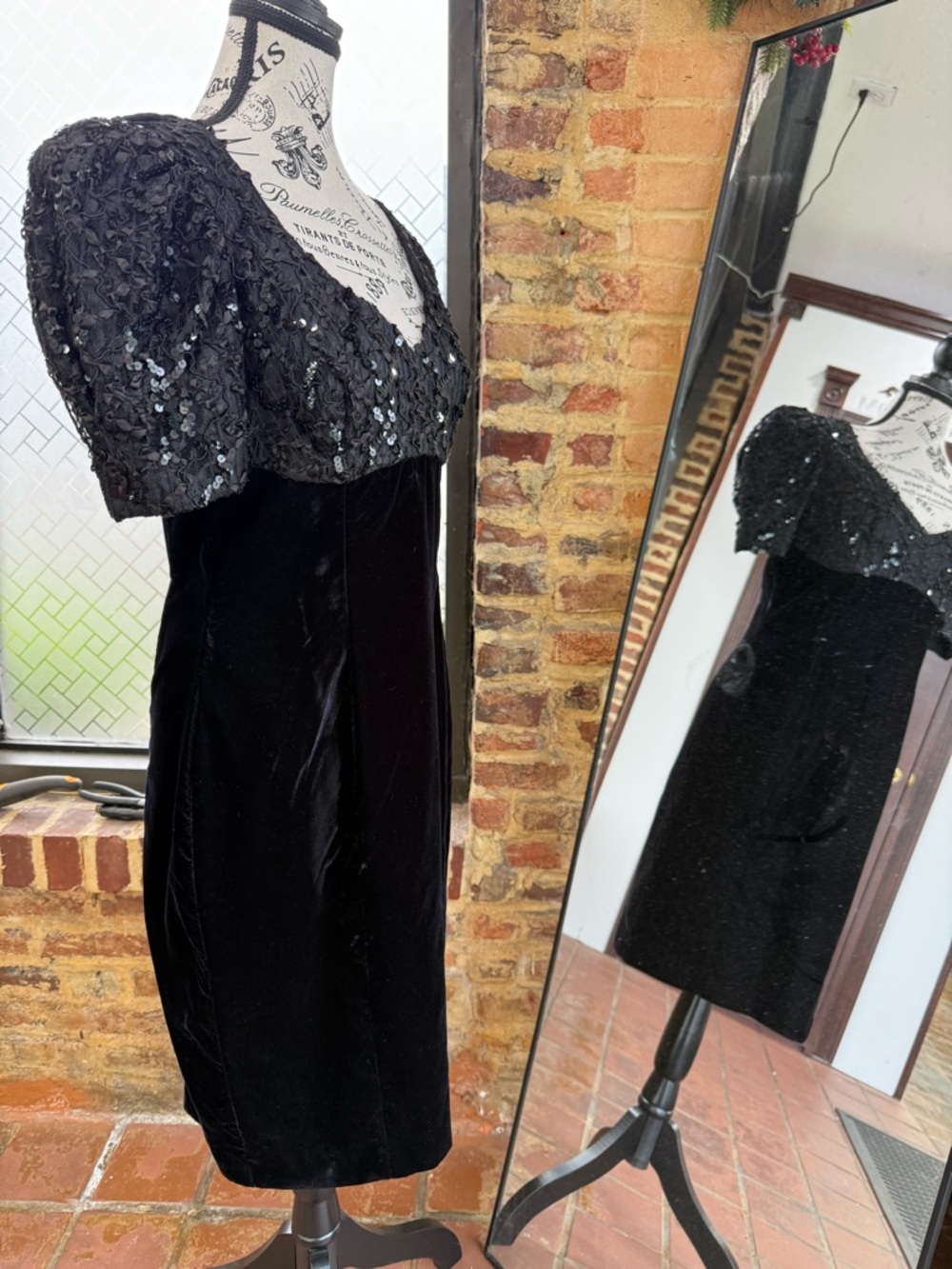 Black Velvet Midi Dress with Sequin Puff Sleeves